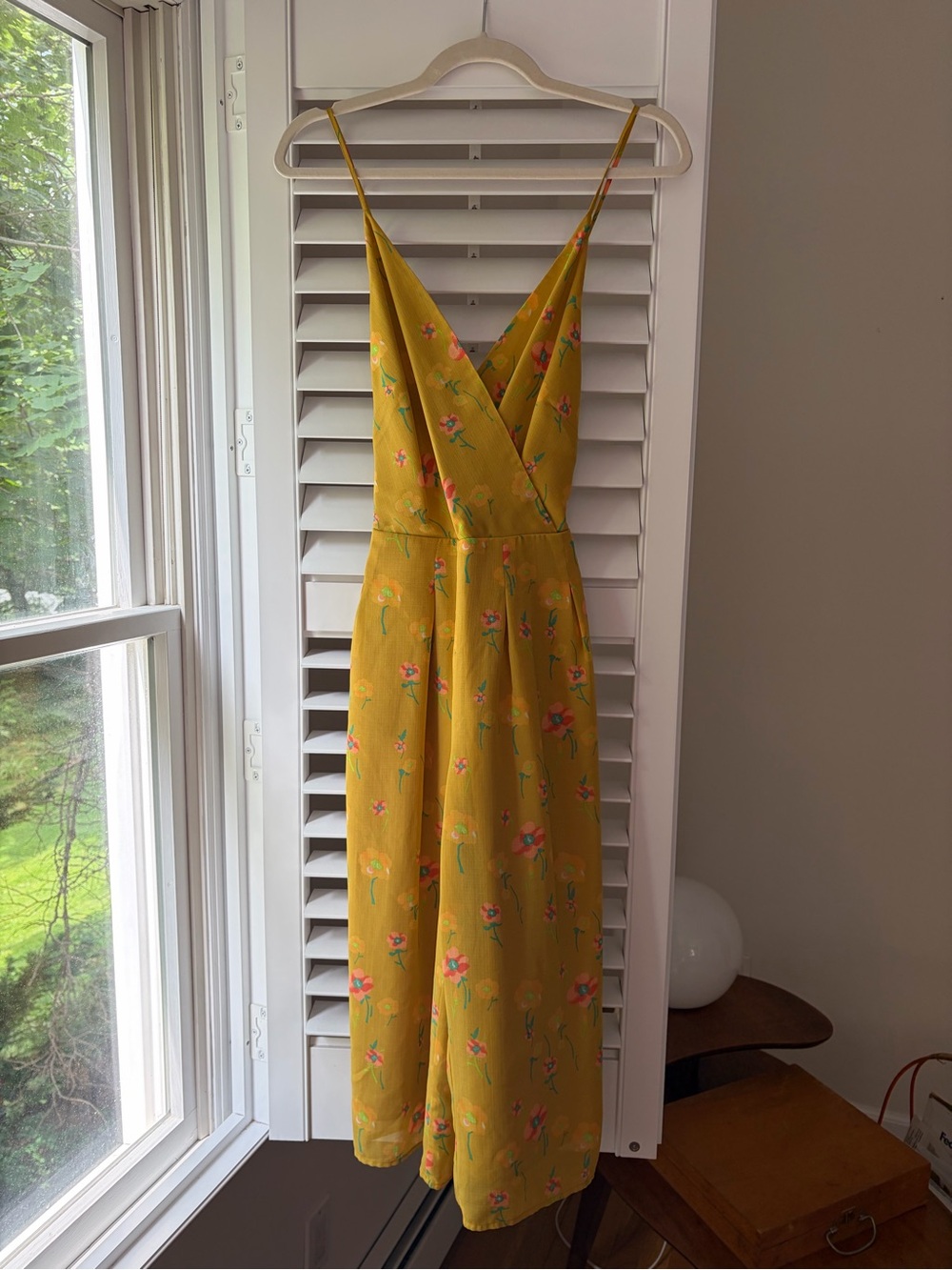 Yellow Floral Spaghetti-Strap Wrap Midi Dress